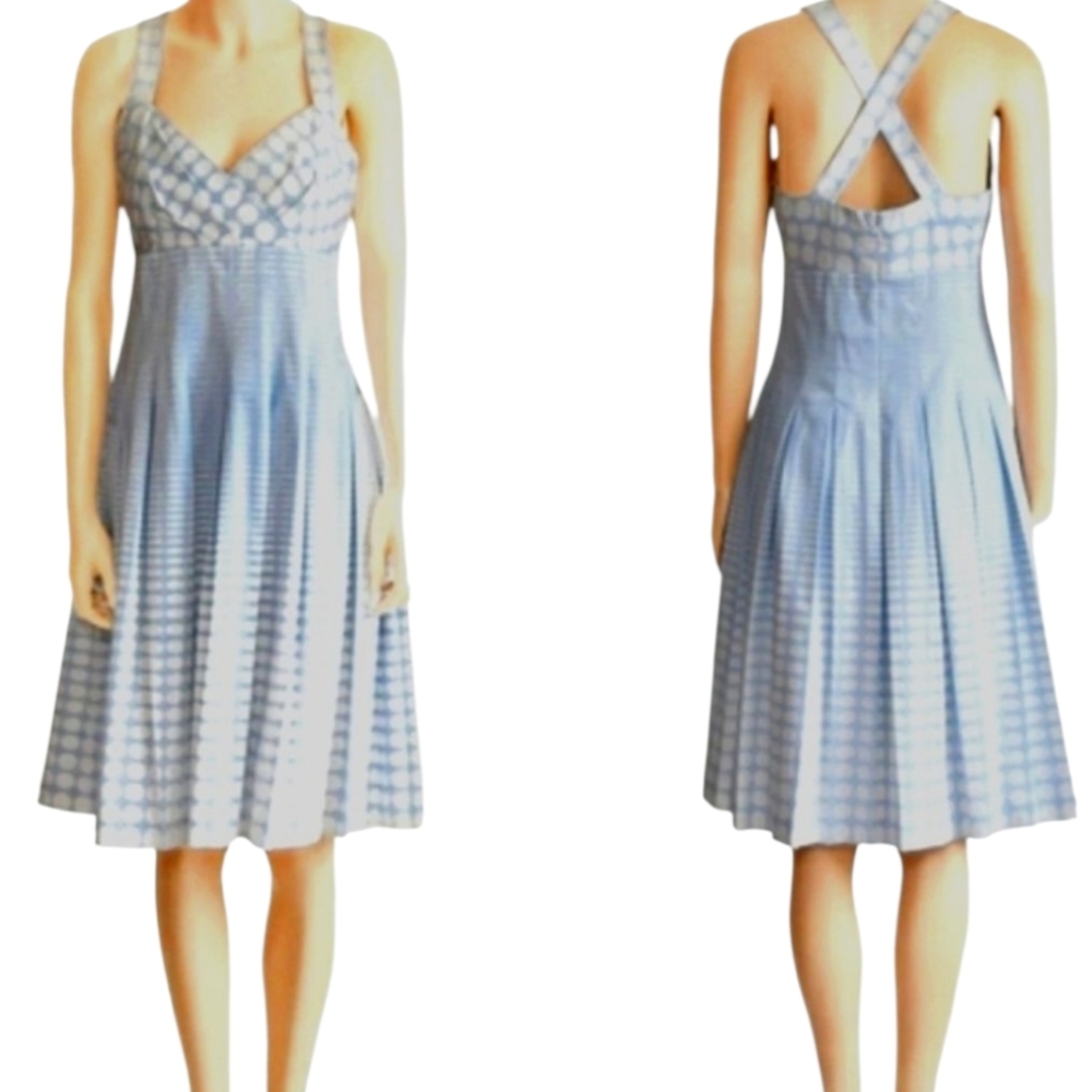 Calvin Klein Retro Inspired Blue/White Stripes/Polka Dot Ruched Bodice Sundress